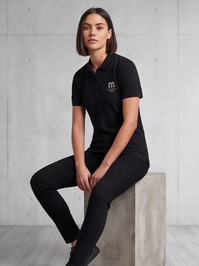 Arch Crest Polo (Stealth Black) - Women Seated Editorial Angle