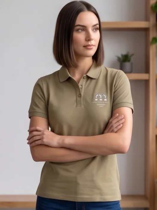 Arch Crest Polo (Sage Edition) - Women Front Studio Standing Crossed Arms