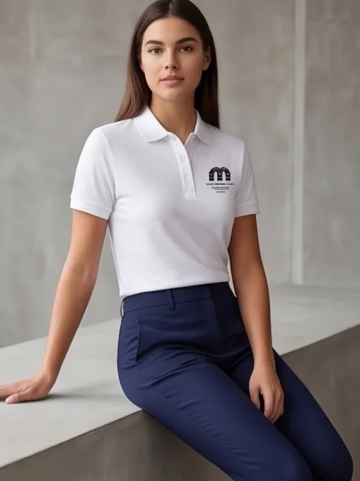 Arch Crest Polo (White) - Women Seated Pose Leaning Back