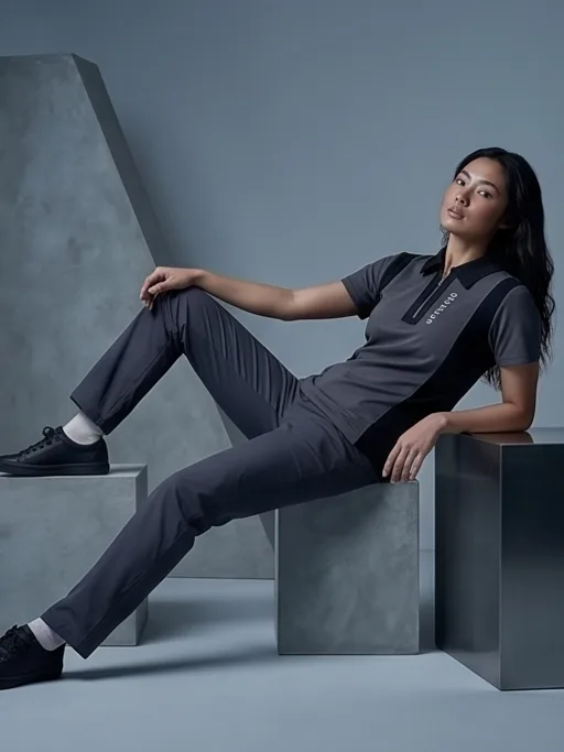 Business Tech Polo (Grey Edition) - Women Editorial Seated Pose