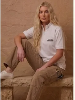 Studio Twin-Zip Polo (White) - Women Editorial Seated