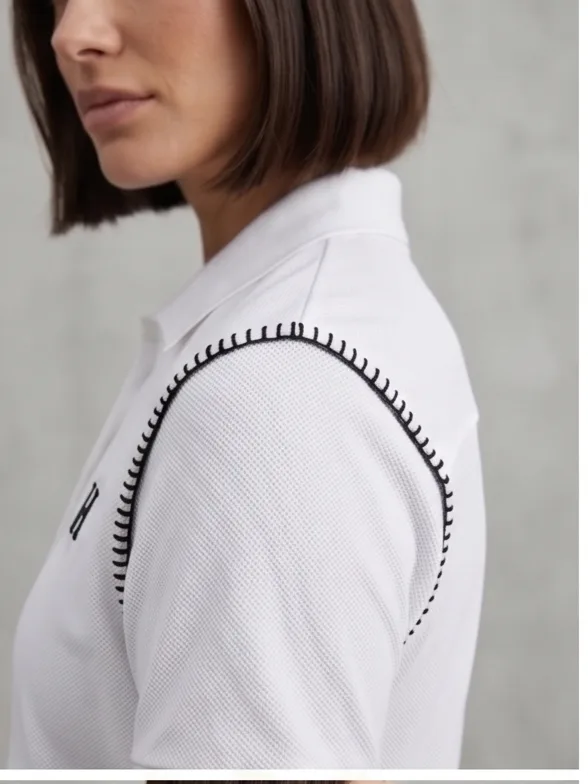 Summit Polo (White) - Women Macro Black Contrast Ladder Stitch Detail